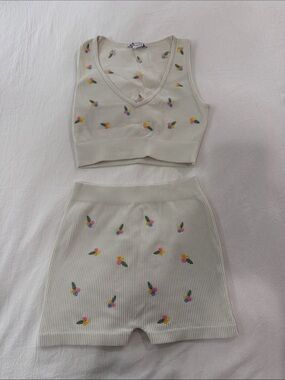 Zara Cream Ribbed Floral Embroidered Tank & Shorts Set